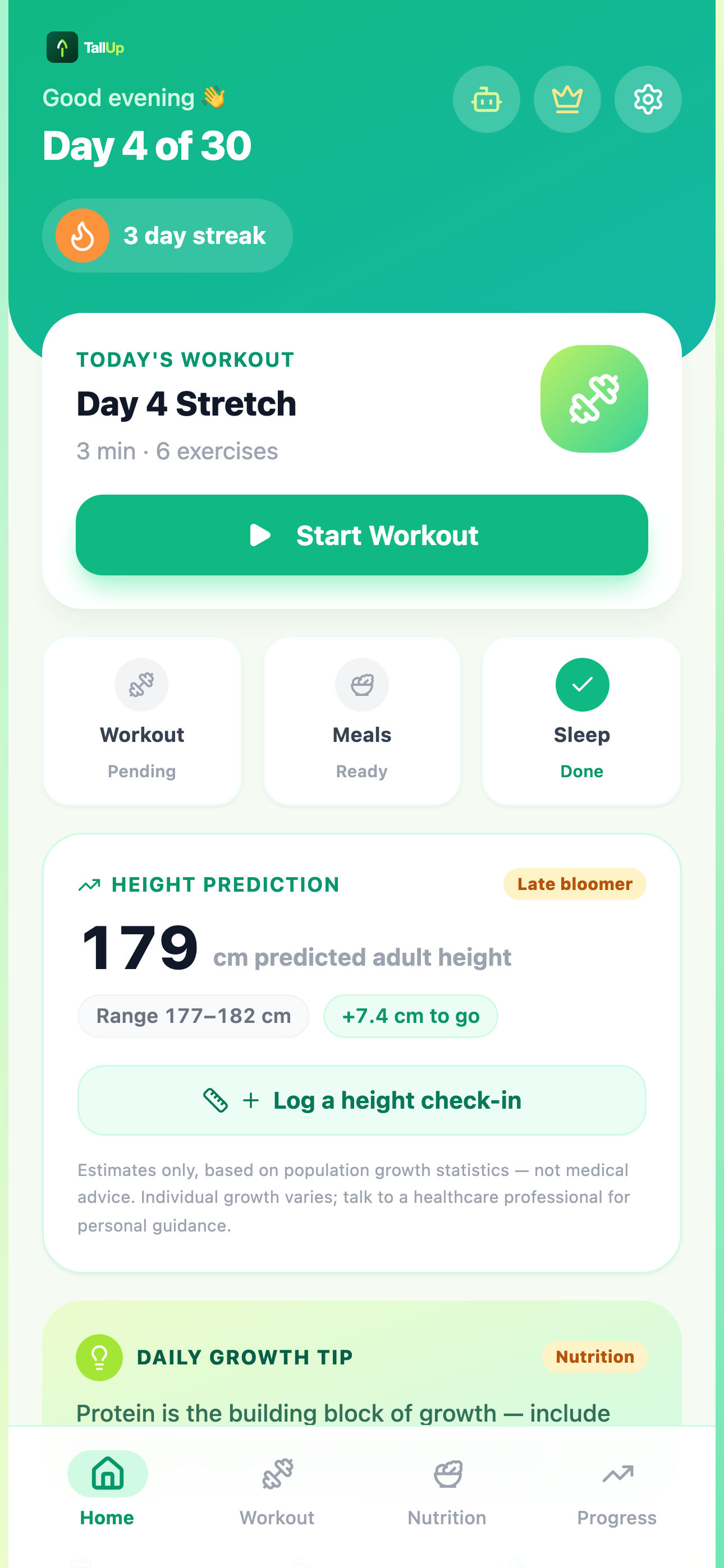 TallUp home dashboard showing today's daily workout and current streak