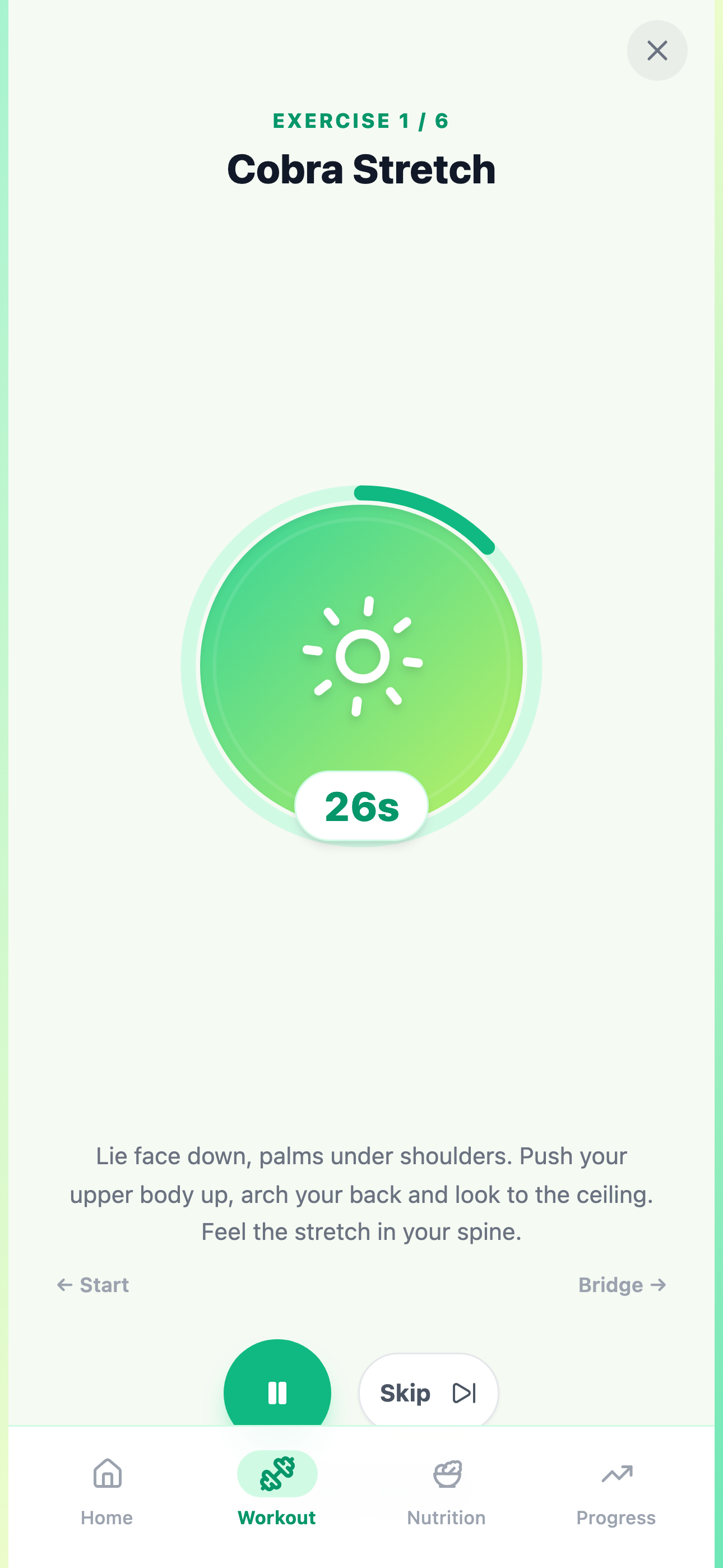 TallUp guided exercise player with an on-screen timer