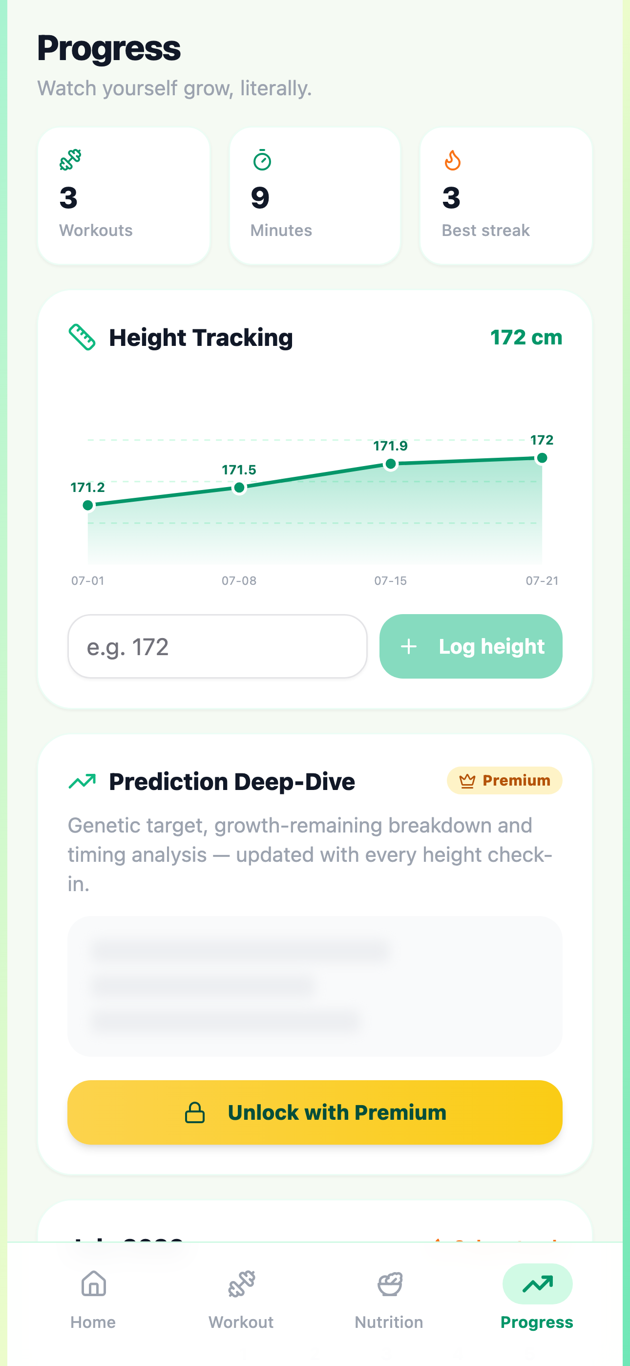 TallUp progress screen with height check-in trend charts