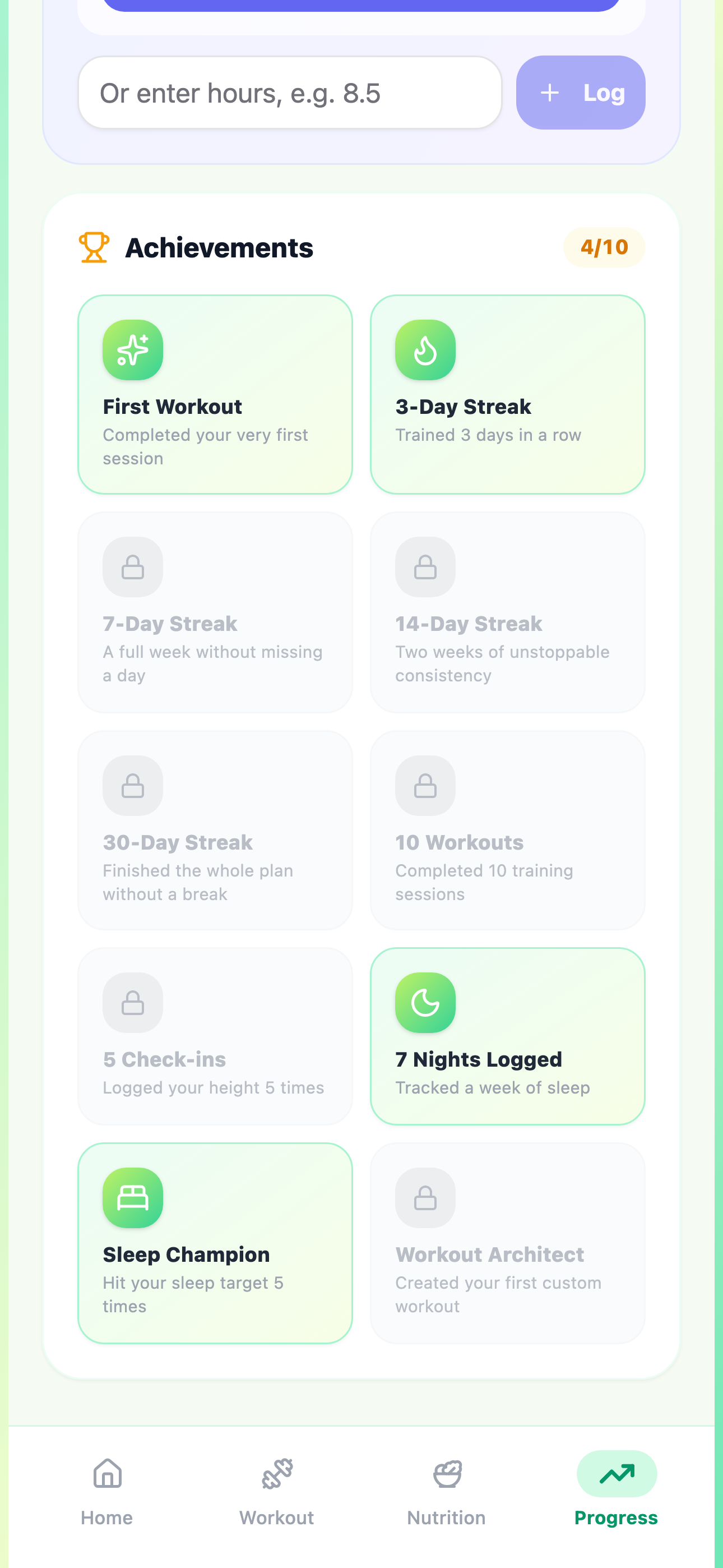 TallUp achievements screen showing unlocked badges