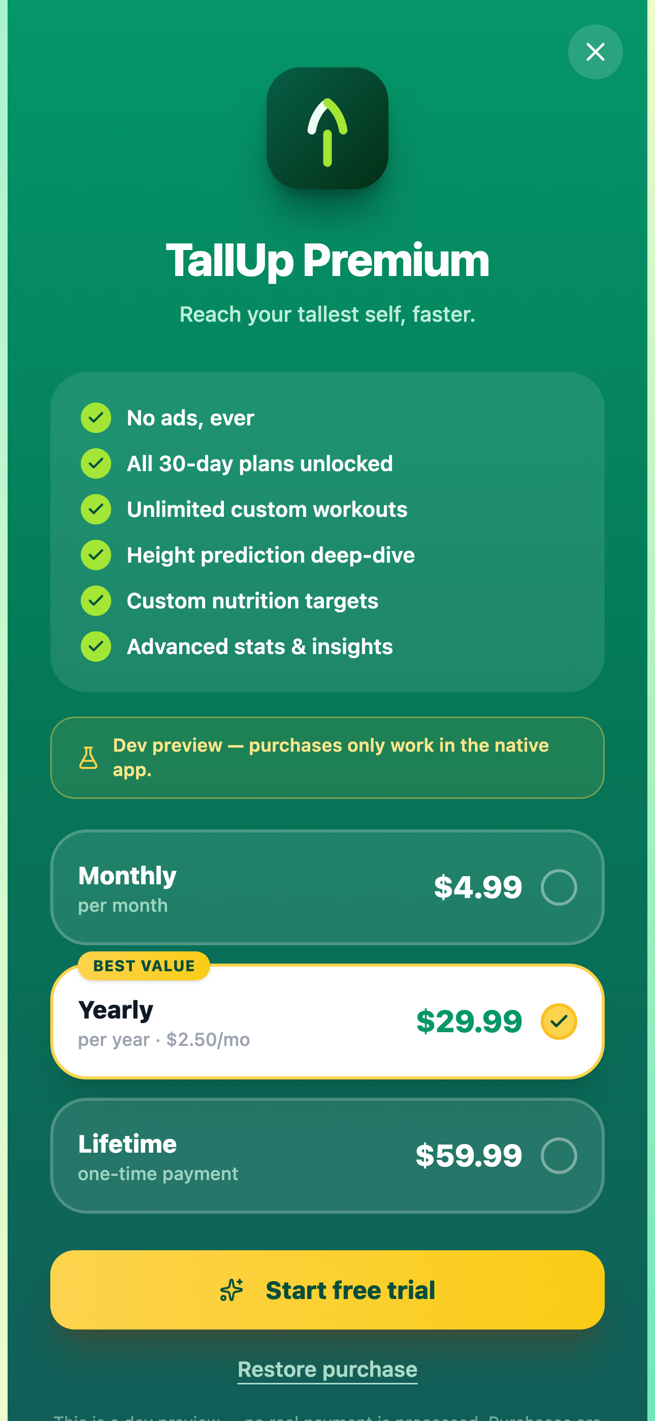TallUp Premium upgrade screen