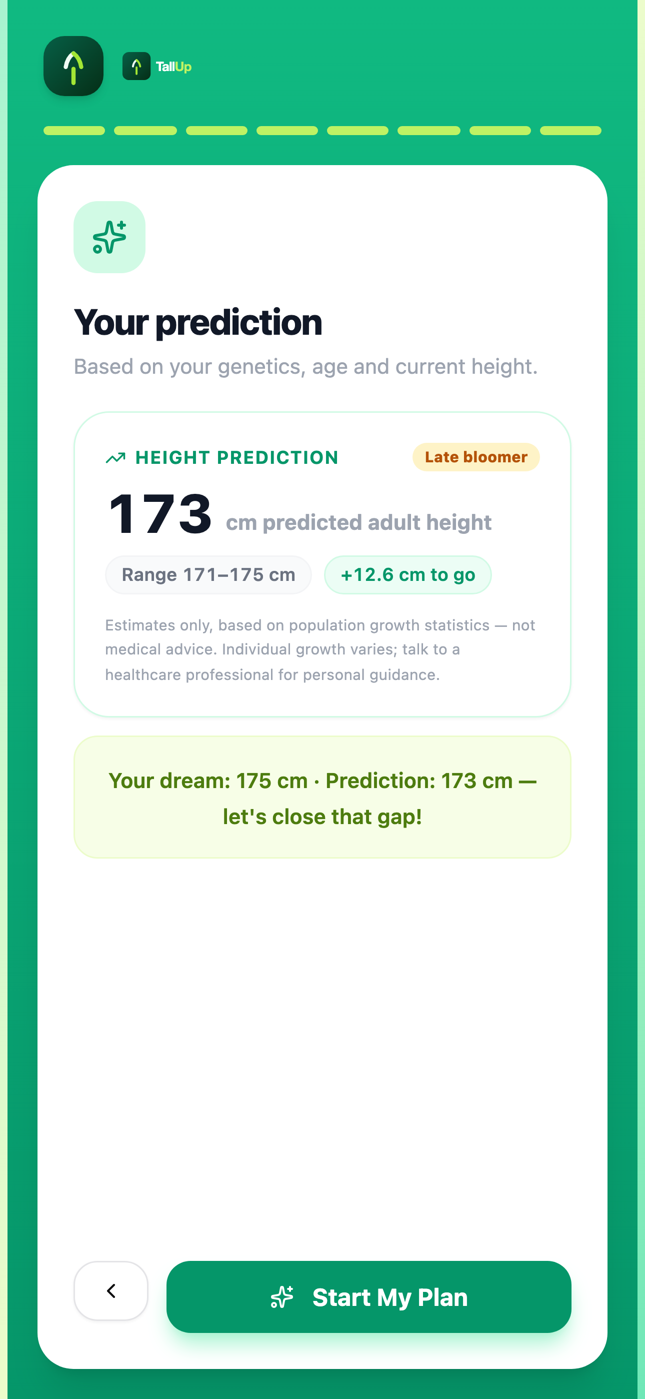 TallUp onboarding screen showing a personal adult-height estimate result